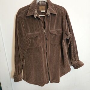 St Johns Bay Wilderness Lodge Zip Up Corduroy Brown Shirt Womens Size L Rugged